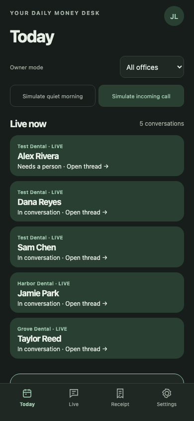 The Today screen showing requests that need the office, with a short script for each callback